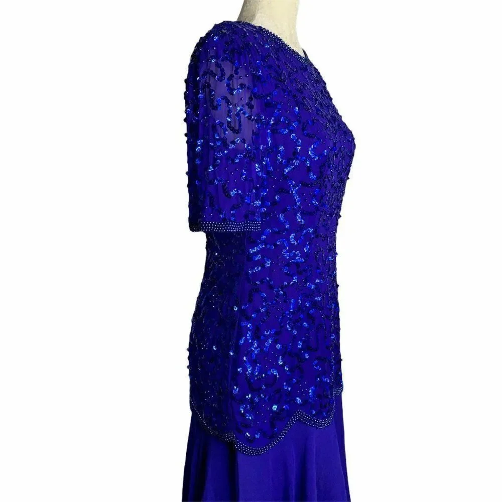 Vintage Sequin Beaded Evening Dress S Blue Silk